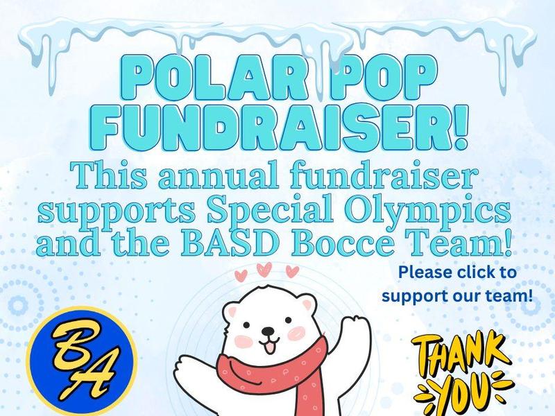 Text promoting a Polar Pop fundraiser for Special Olympics and BASD Bocce Team, featuring a polar bear.