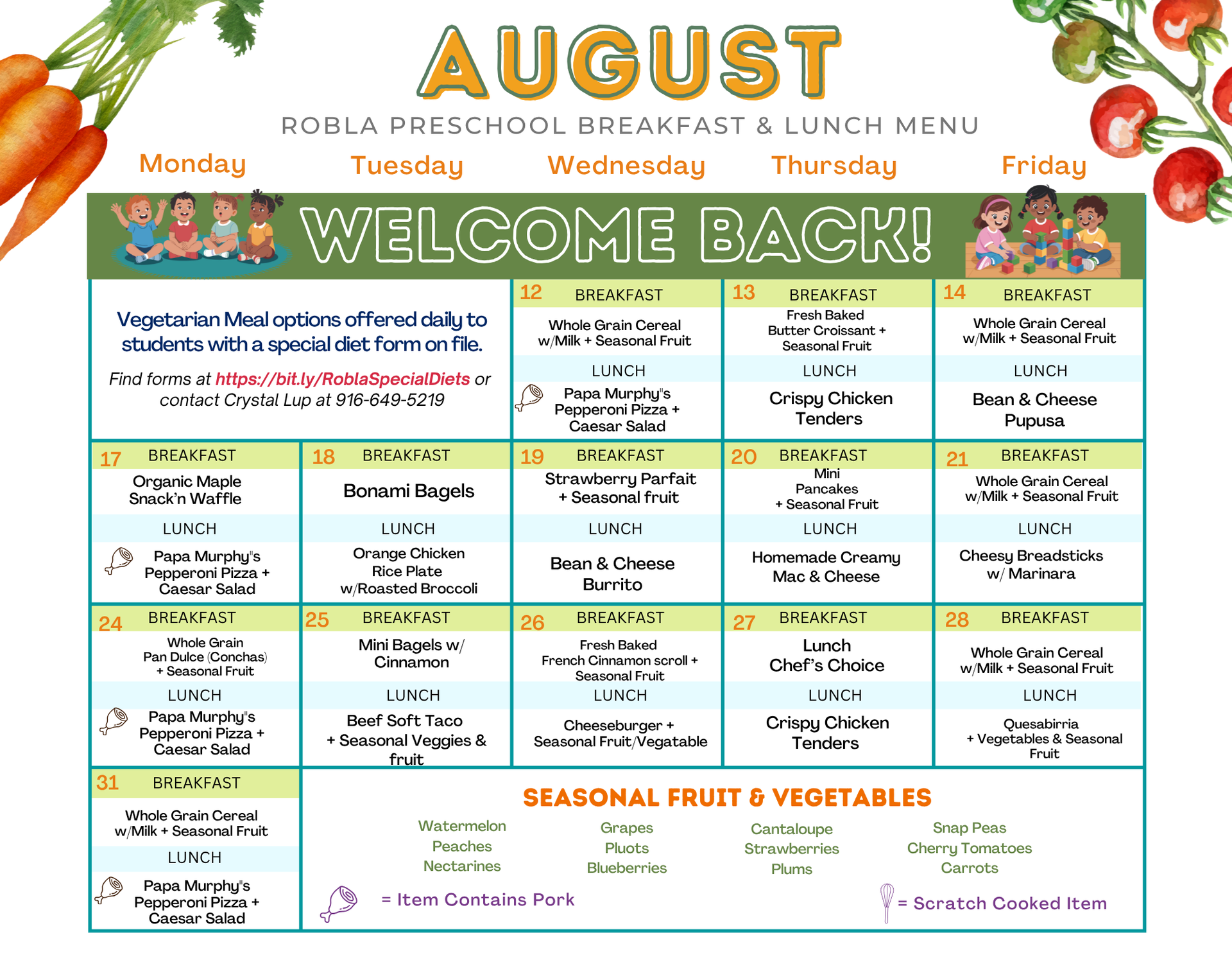 Aug 2026 Preschool Menu