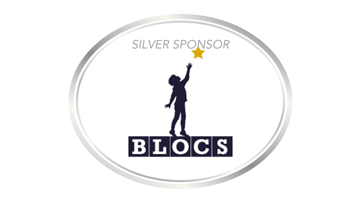 silver oval with BLOCS logo of child with star