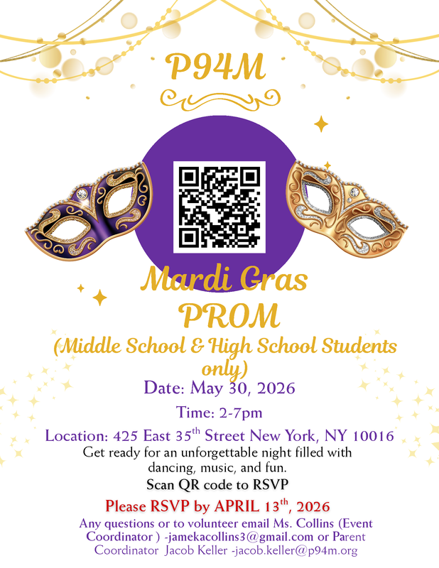 English- Mardi Gras gold masks with a purple dot and QR code