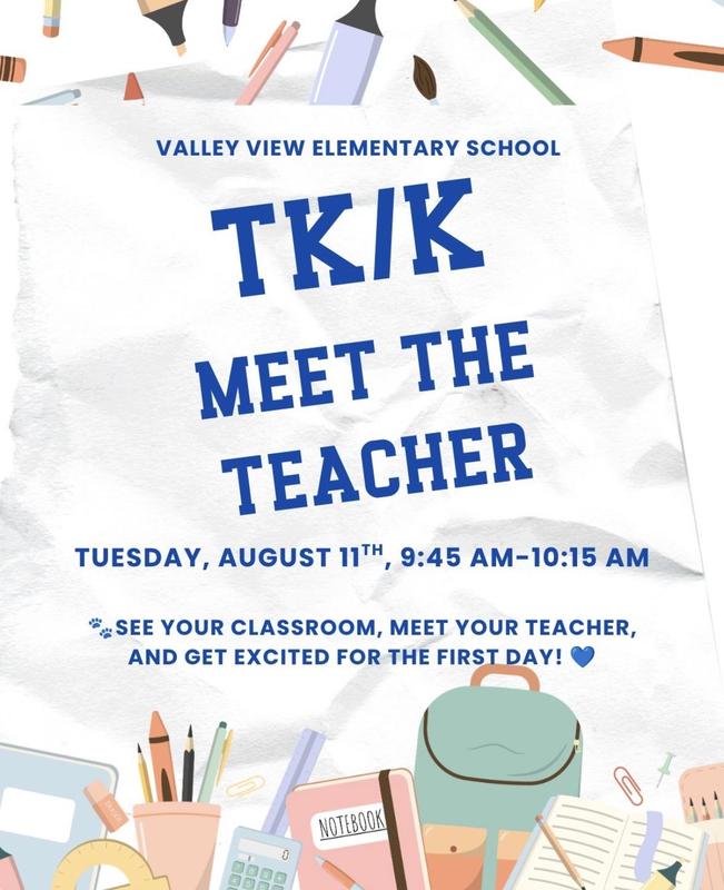 White background with school supplies in pastel colors. Flyer announces TK/K Meet the Teacher at Tuesday, August 11th 9:45AM.