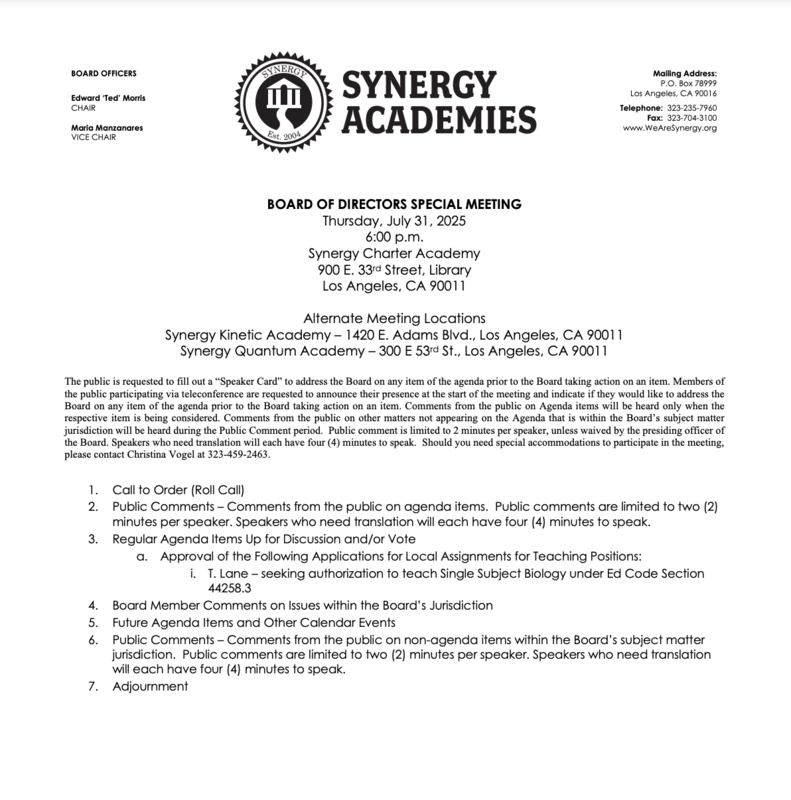 SPECIAL Board Meeting Agenda 7/31/25 Featured Photo