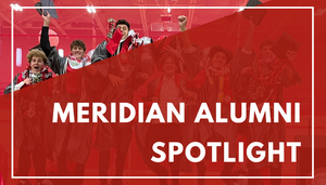 Alumni Spotlight. Graduates jump in their regalia, including IB, NHS, and Meridian stoles