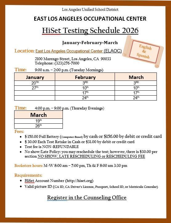 HiSET Schedule ELAOC Campus 2026