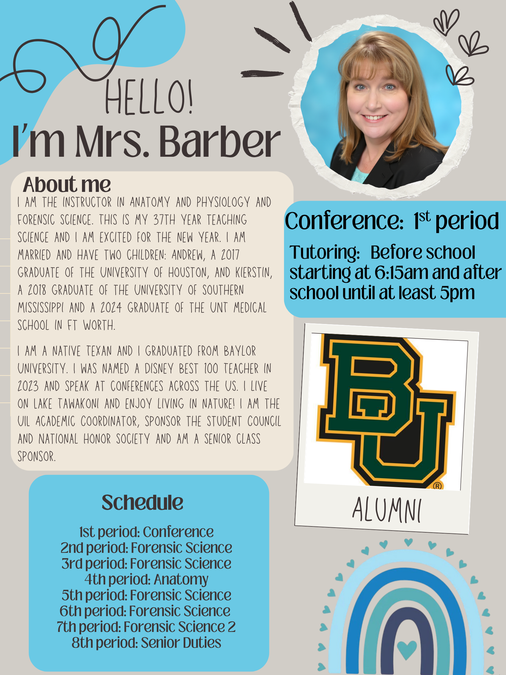 A colorful informational poster introducing Mrs. Barber and her teaching schedule.