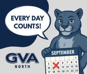 Blue illustrated puma holding a September calendar alongside speech bubble with Every Day Counts