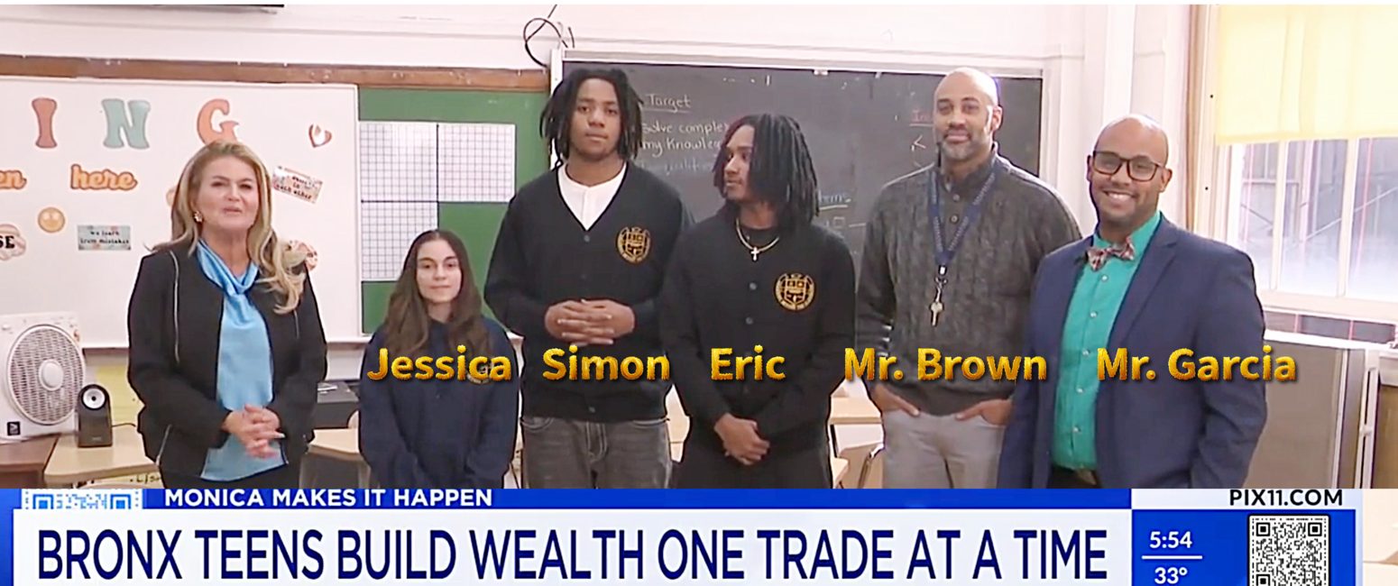 Three high school students, Ms. Monica Morales, channel 11 reporter, a teacher, Mr. Brown and assistant principal Mr. Garcia.