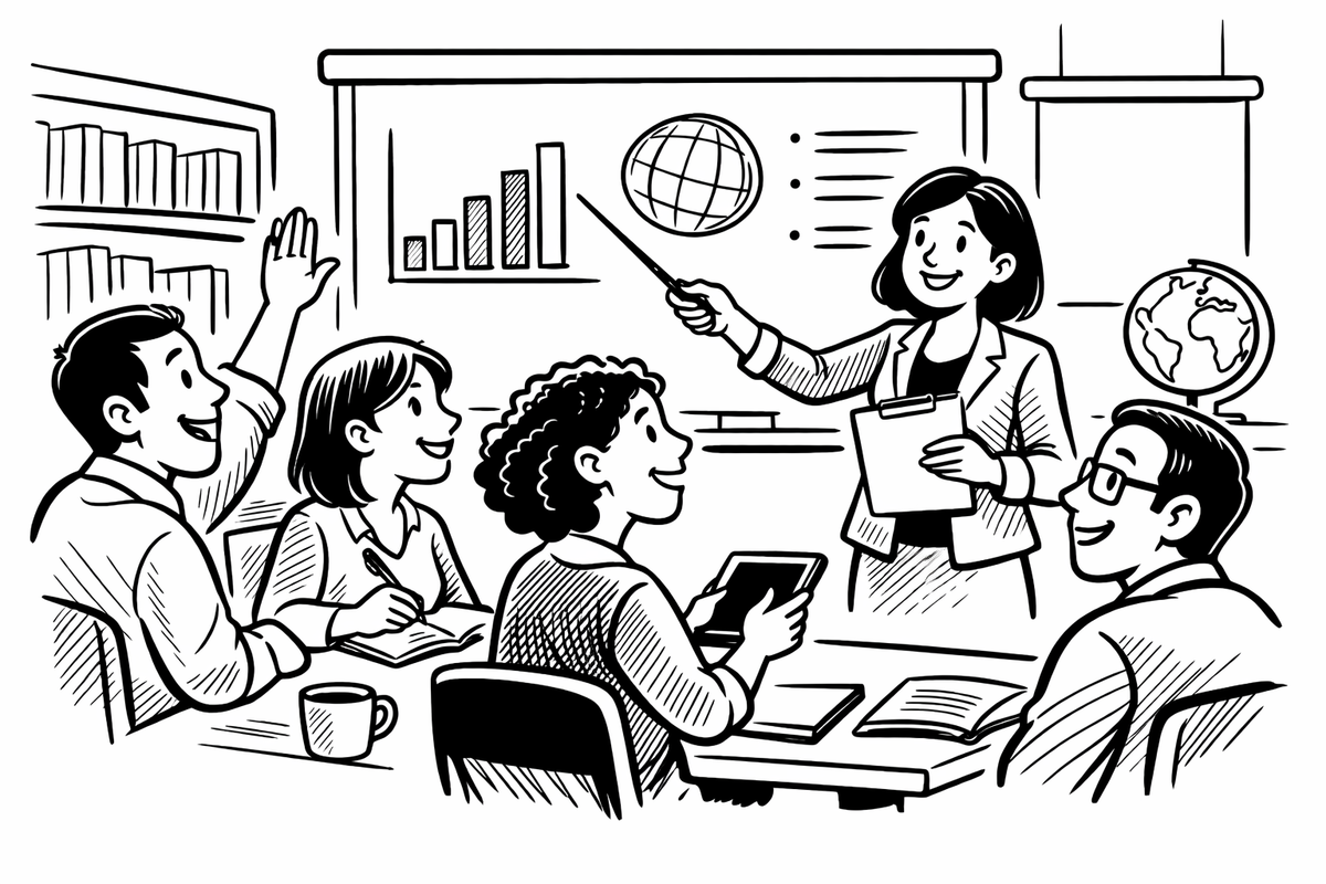 Cartoon image of teachers participating in a professional development training session