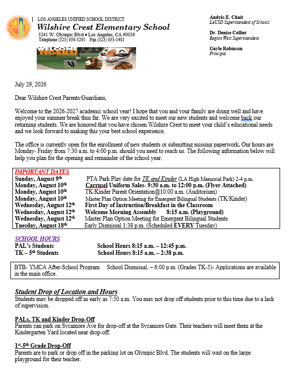 Welcome Parent Letter