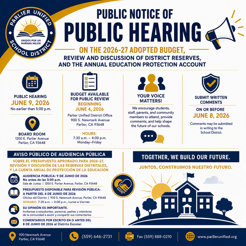 PUBLIC NOTICE OF PUBLIC HEARING ON THE 2026-27 ADOPTED BUDGET, REVIEW AND DISCUSSION OF DISTRICT RESERVES, AND THE ANNUAL EDUCATION PROTECTION ACCOUNT Featured Photo