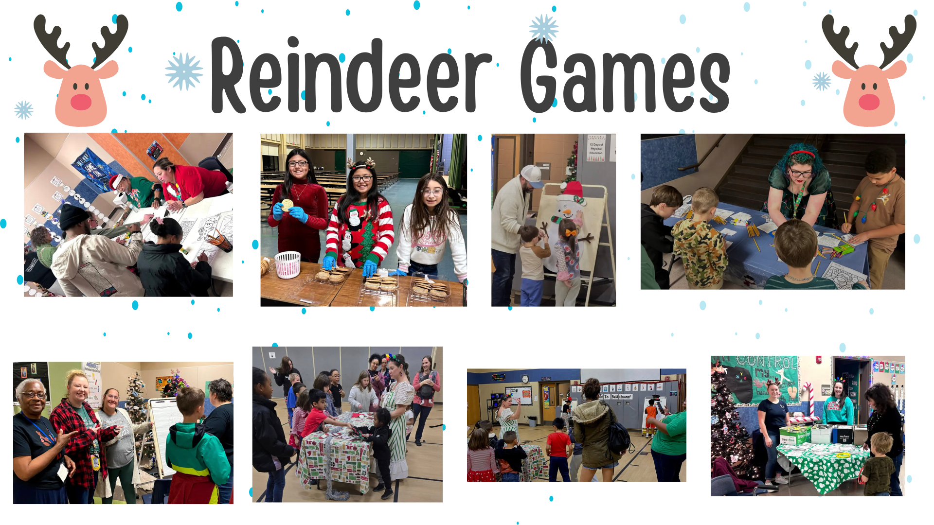 Pictures of adults and children playing games at the Reindeer Games event.