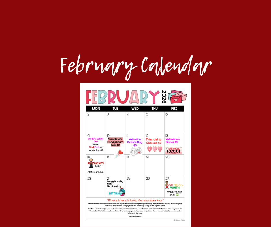 February calendar with school events