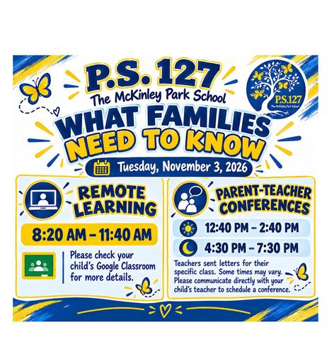 School event announcement with details on remote learning and conferences.