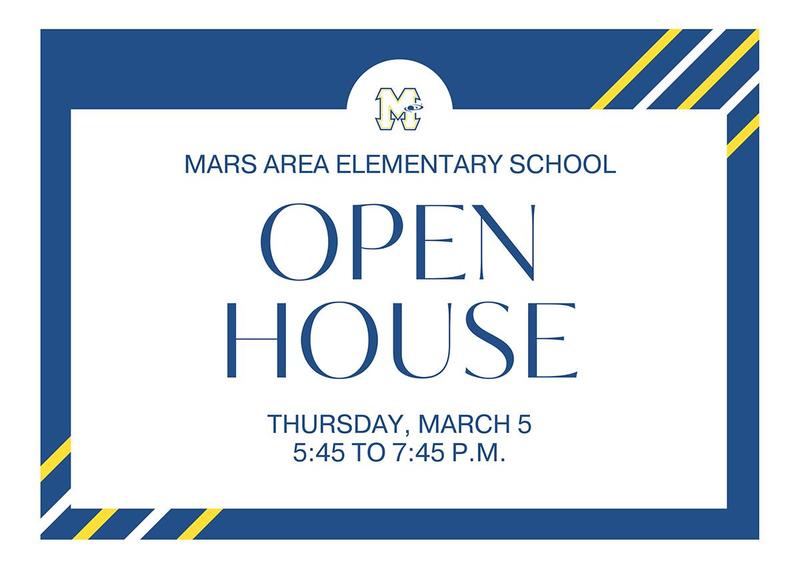 A white box with the words Open House over a blue background with yellow stripes.