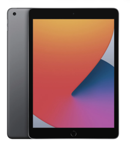two iPad standing up right. One is facing bac, showing gray back and a camera. The other has a long and thick colorful blob.