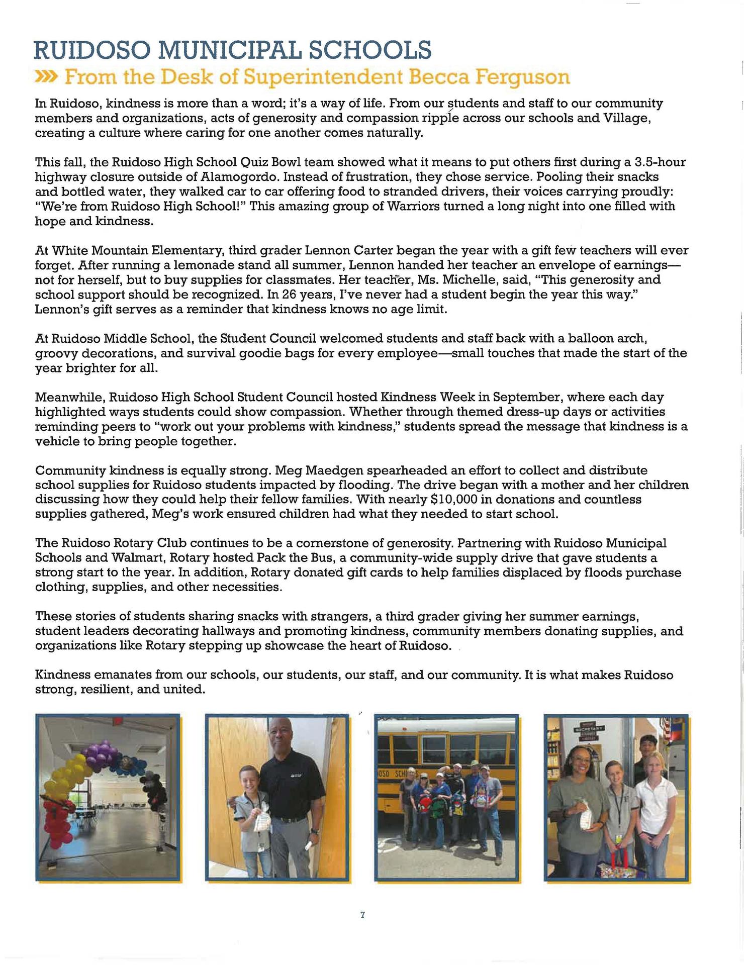 Highlighting acts of kindness from students and community involvement in Ruidoso schools.