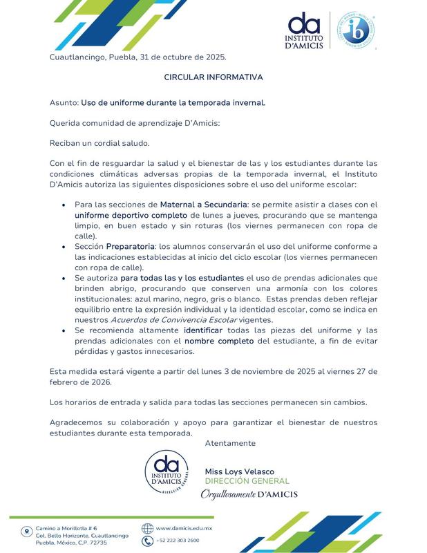Uso de uniforme durante la temporada invernal