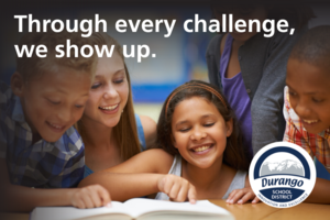 Graphic showing a teacher and students with the text "through every challenge, we show up"