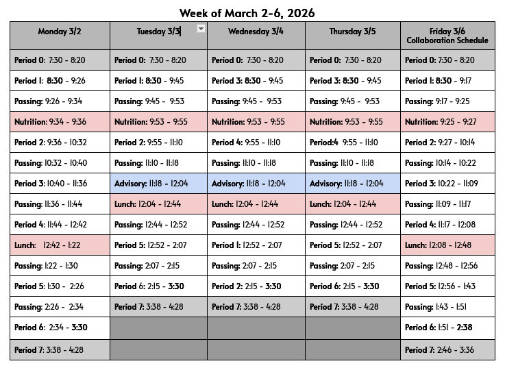 Weekly Schedule for March 2nd
