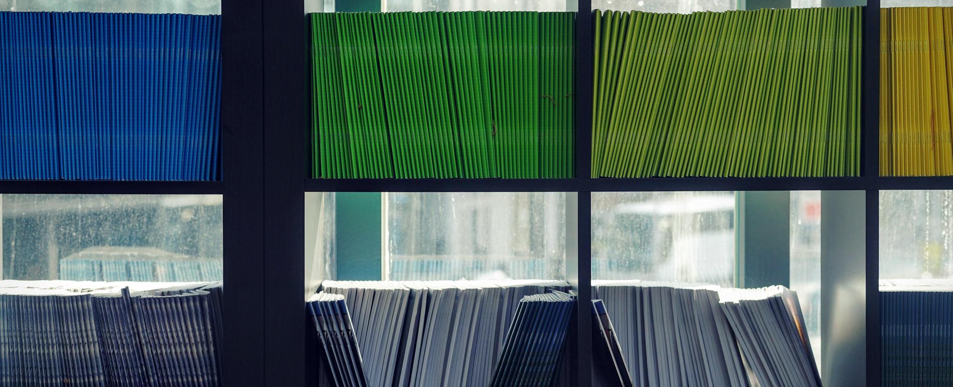 Rows of colorful books on a shelf with natural light.