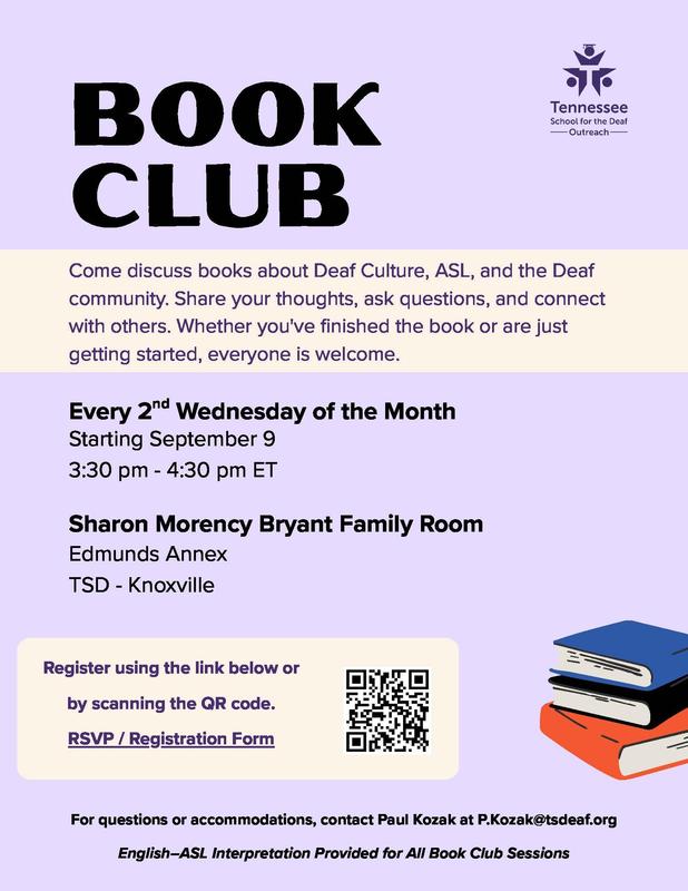 Book Club flyer requesting people to join to discuss Deaf Culture, ASL and the Deaf Community