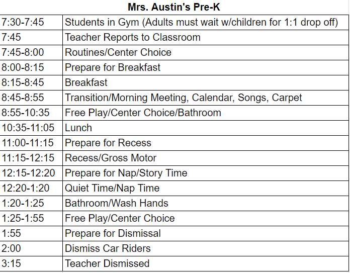 PreK Schedules PreK Churchland Elementary School