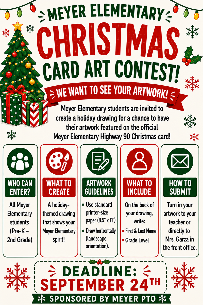 Holiday card contest announcement with festive decorations and guidelines.