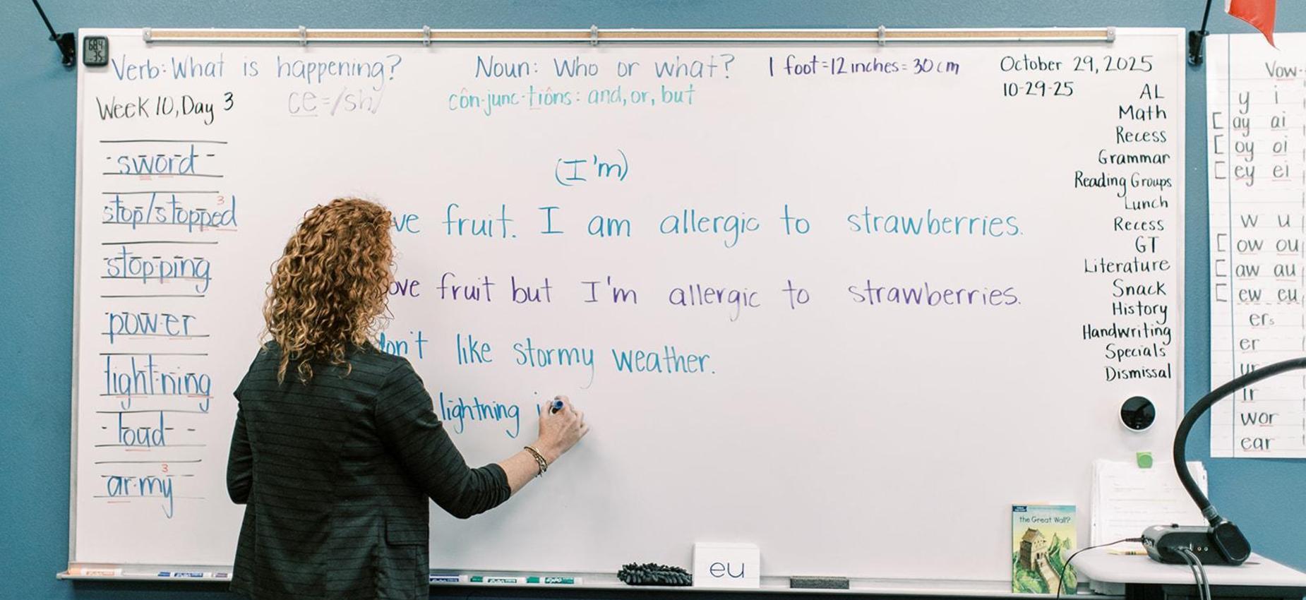 Teacher writes sentences on the whiteboard
