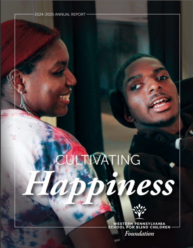 A caregiver smiles at a young man in a wheelchair as they share a joyful moment, with text reading “Cultivating Happiness” on the annual report cover.