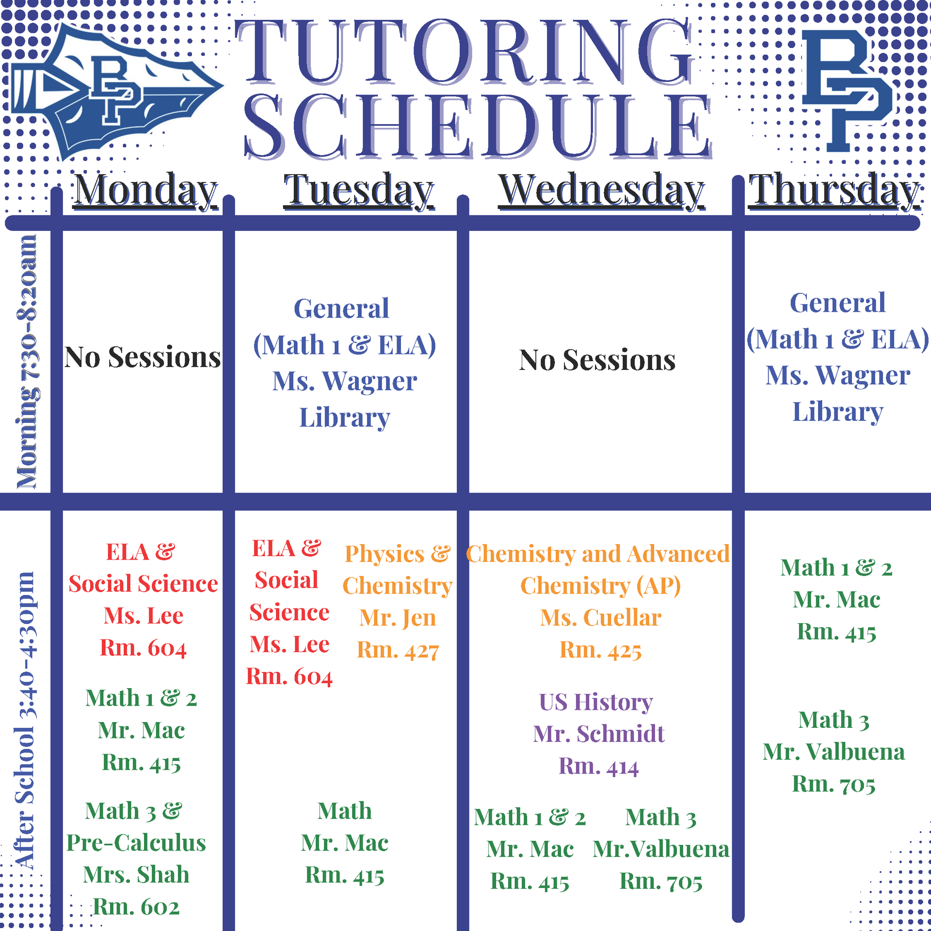 2025 Fall Tutoring Schedule