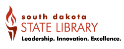 Logo of South Dakota State Library with flame icon and text.