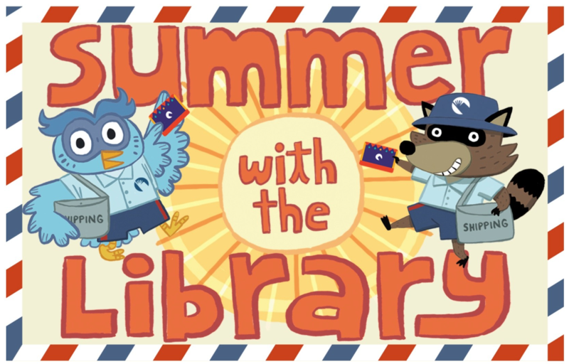 Cartoon owl and raccoon promoting Summer with the Library