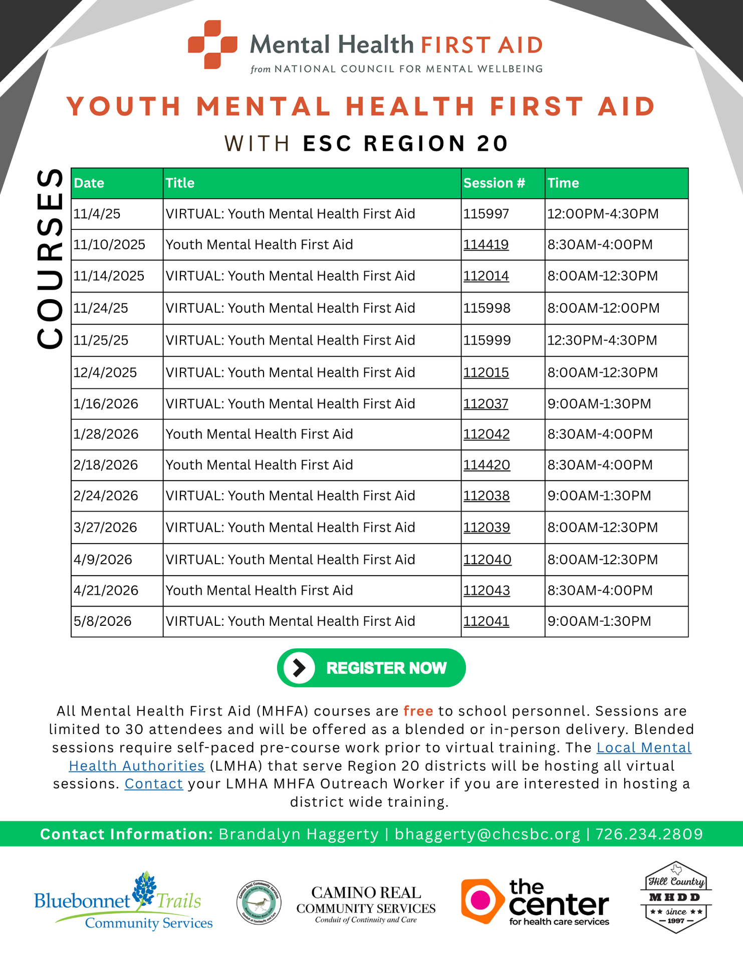 list of sessions availabe for youth mental health first aid