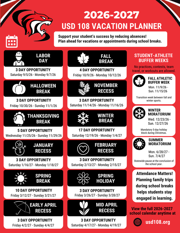 Annual school vacation planner with holidays and breaks for 2026-2027.