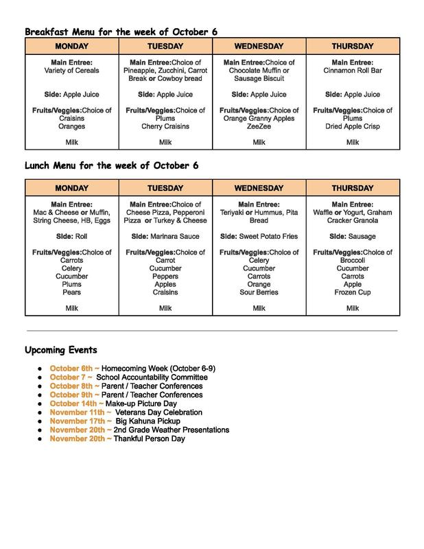 Weekly menu for October 6 including breakfast and lunch options with events listed.