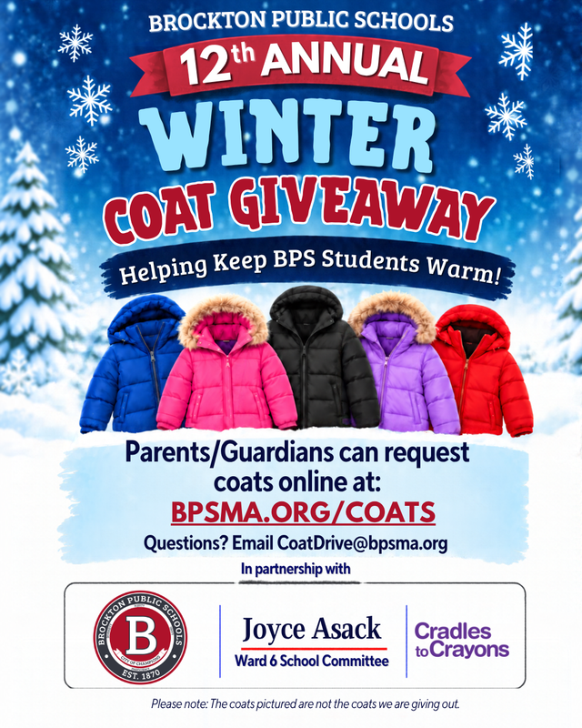 Snowy scene with Winter Coat Giveaway and link to bpsma.org/coats along with images of multi-colored winter coats