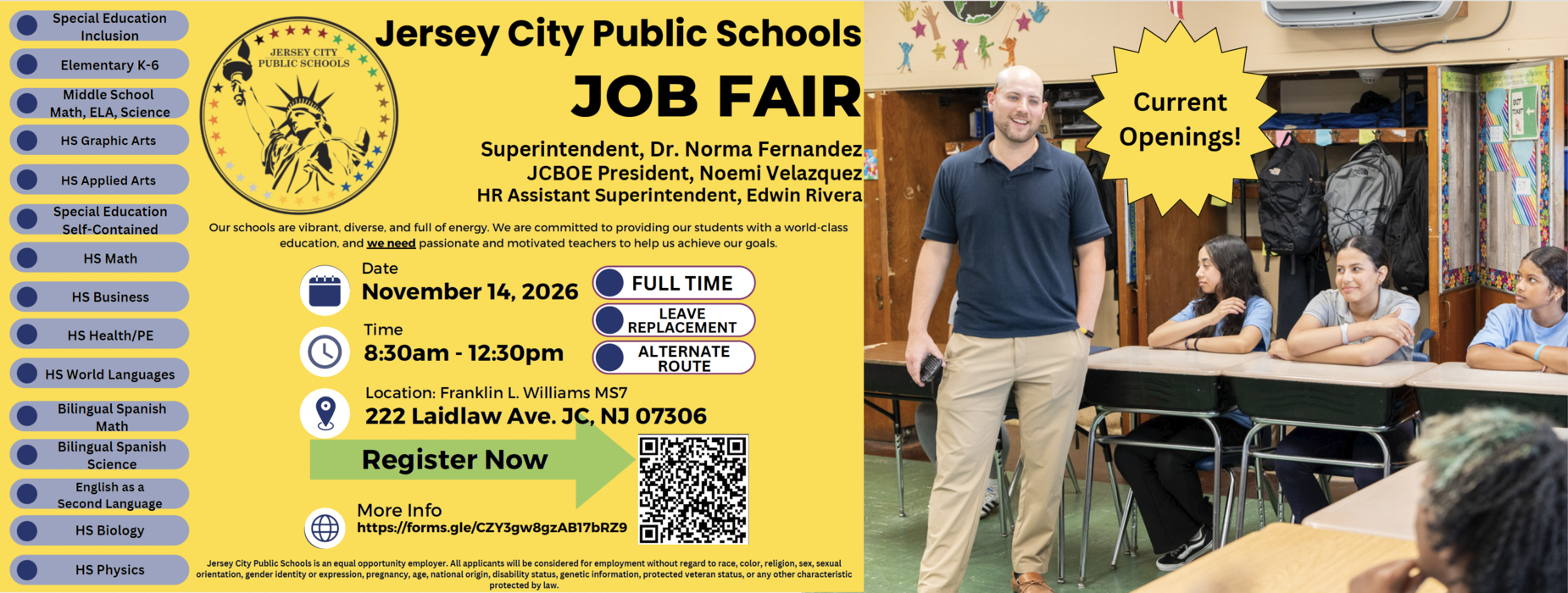 Job fair advertisement for Jersey City Public Schools with event details.