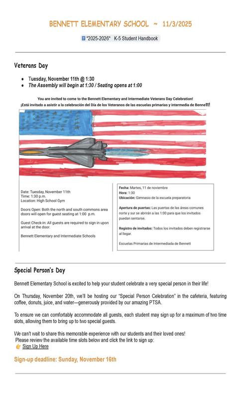 Veterans Day celebration flyer with red, white, and blue background and event details.