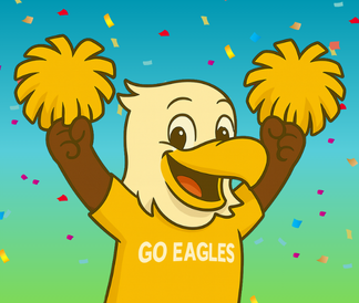 Illustrated eagle holding pom poms in the sky with blue and green ombre background