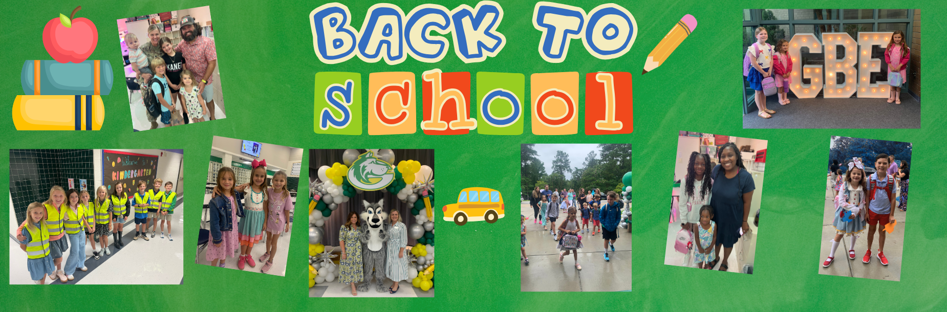 Collage of children and school-themed decorations for the first day of school.