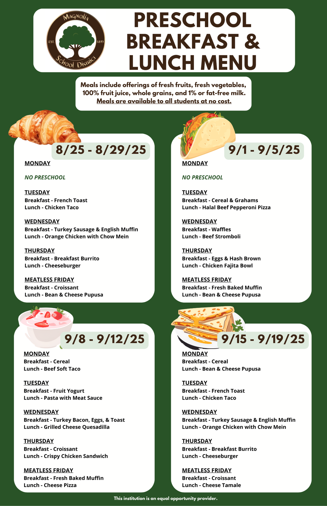 Preschool Breakfast and Lunch Menu for AUG-SEPT 2025