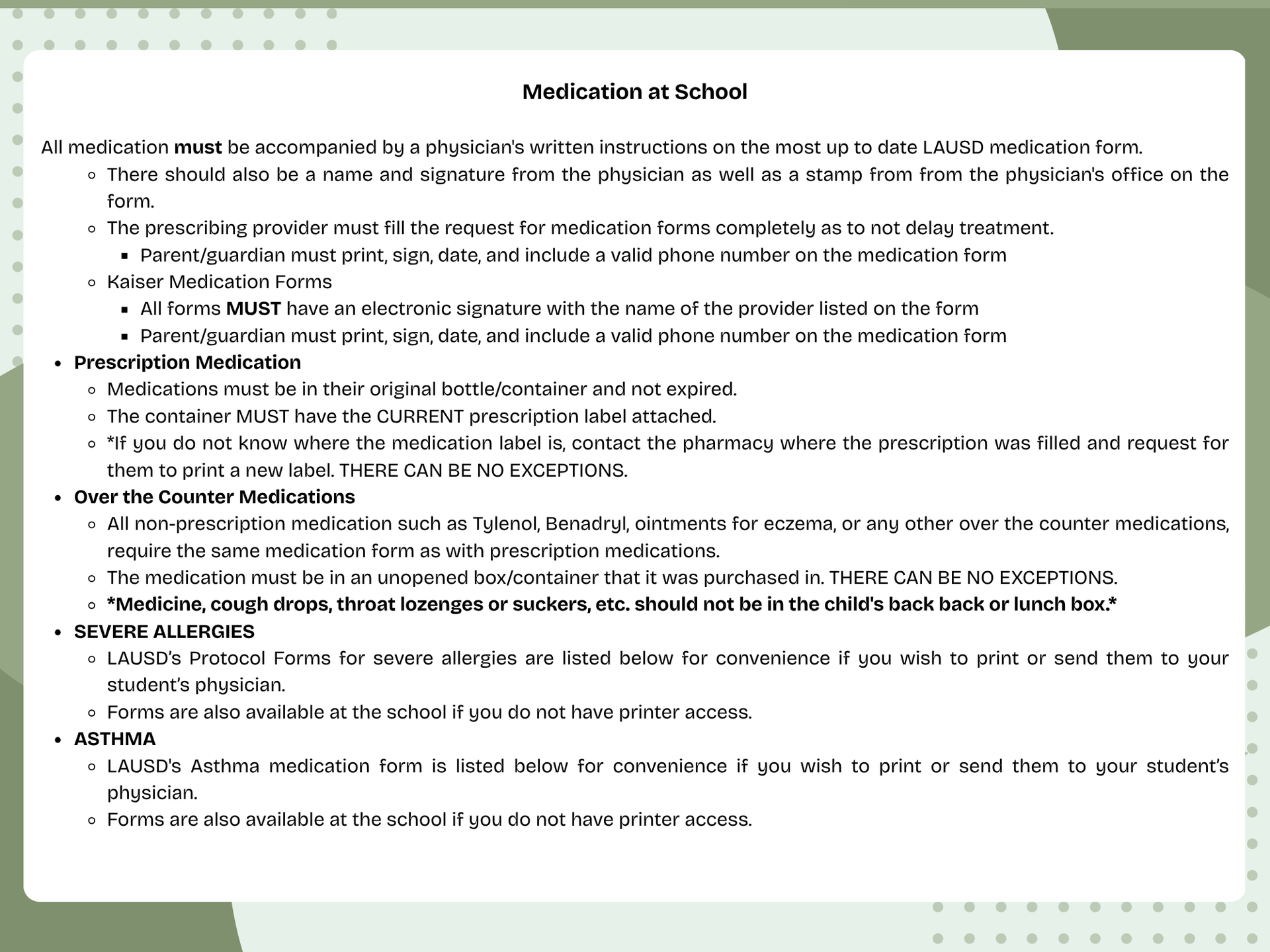 Medication at School REQUIREMENTS