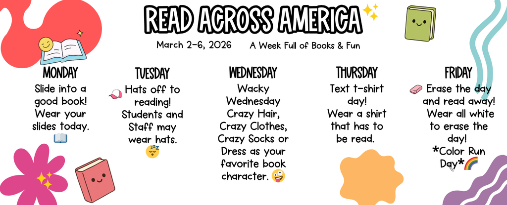 Schedule for Read Across America week with themed activities.