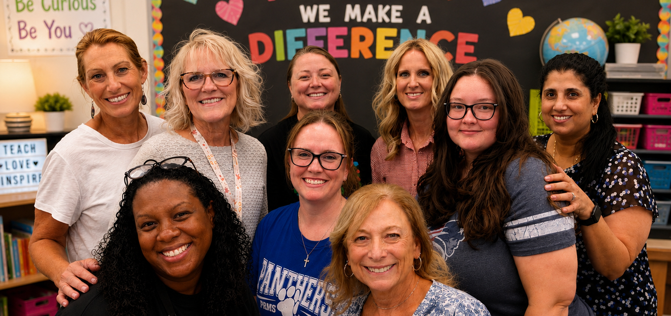 Group of nine smiling women posing together in a classroom setting.