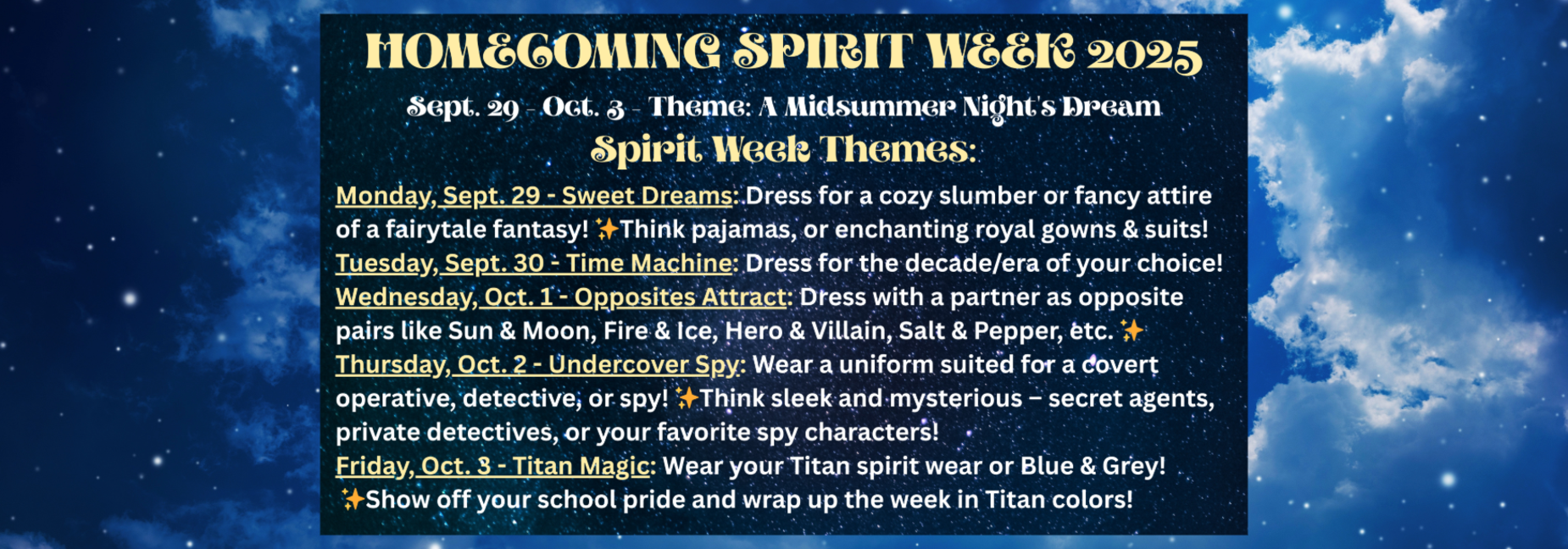 Homecoming Spirit Week September 29 through October 3rd