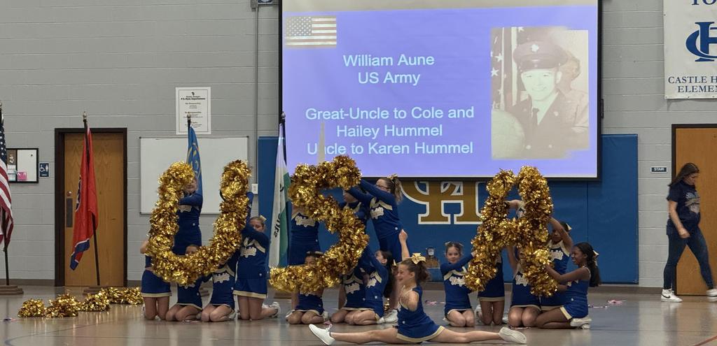 USA spelled out in pom poms by cheerleaders