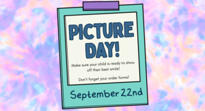 Polaroid frame with text about picture day. Tie Dye Background
