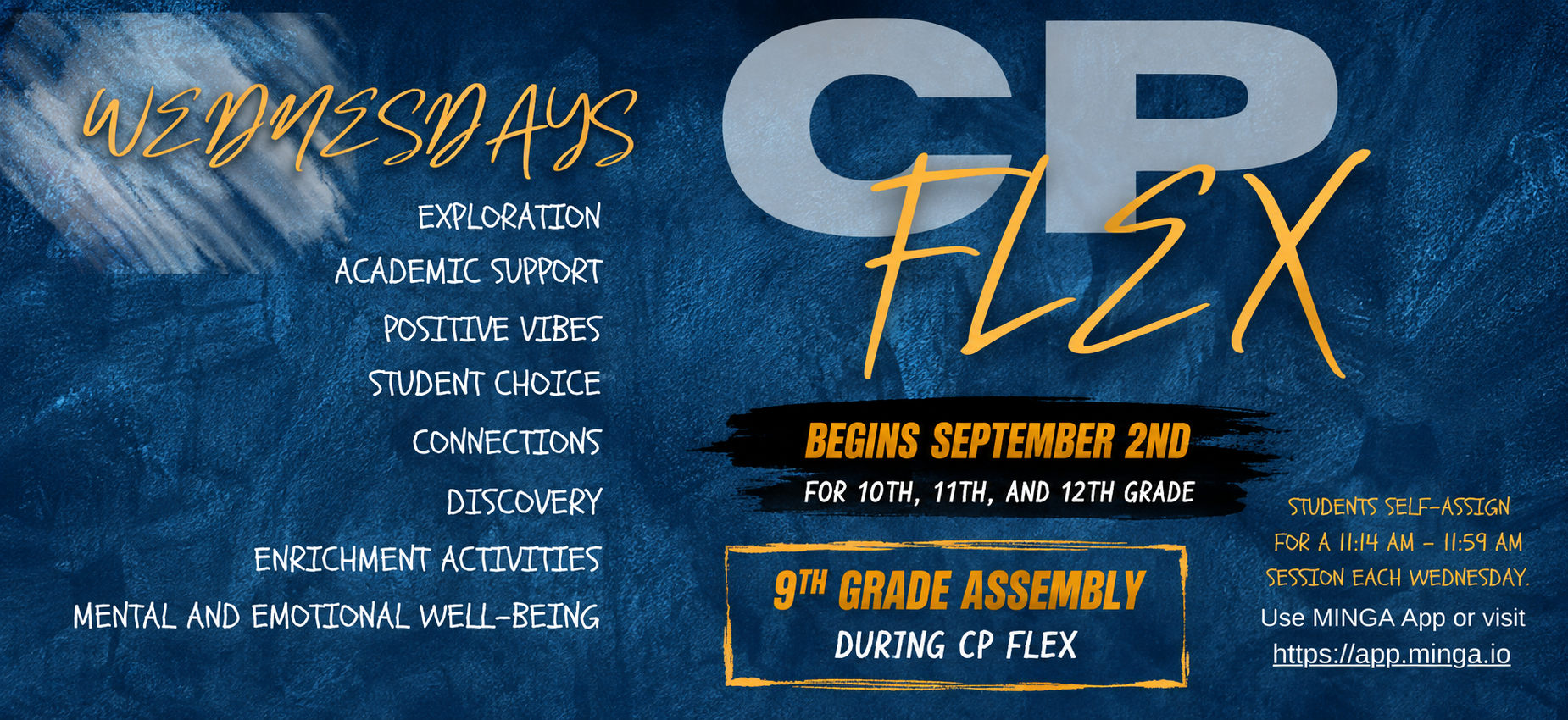 Announcement for CP Flex assembly details for 9th to 12th grade.