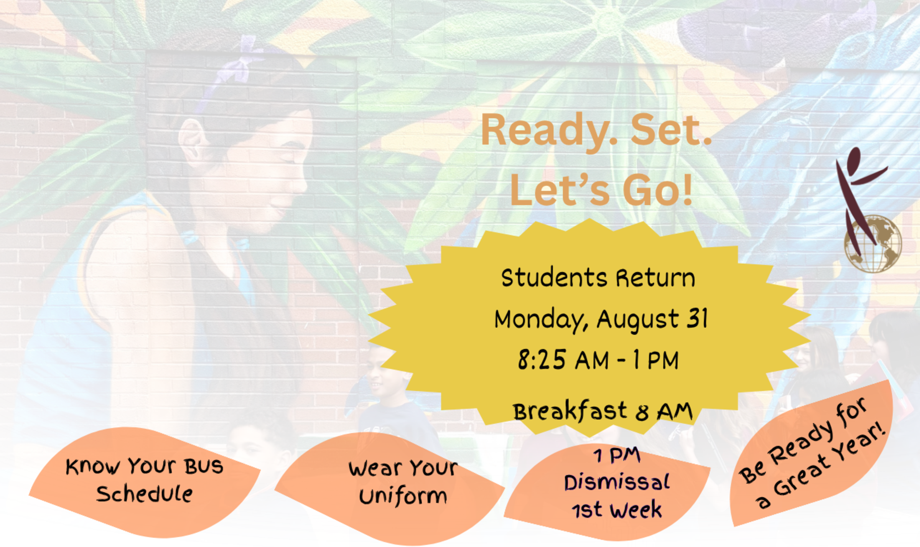 Reminder for student return with important dates and a child in a vibrant setting.