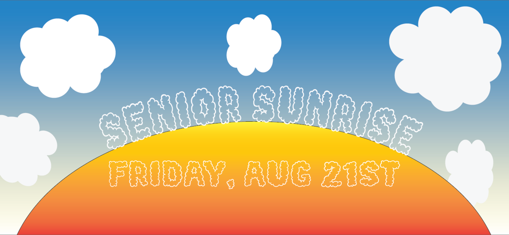 Text announcement for 'Senior Sunrise' event on August 21st with a colorful sky.